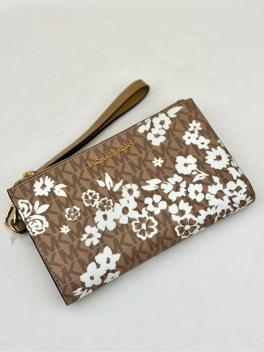 Michael Kors Brown & White Floral Logo Wristlet